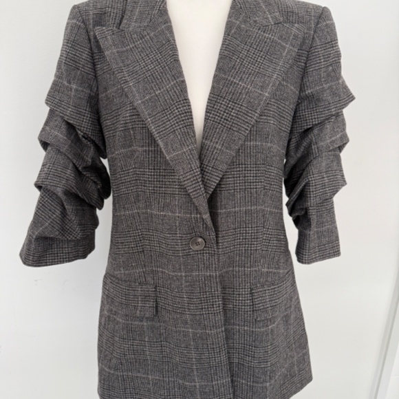 Michael Kors Collection Banker Gray Melange Glen Plaid Blazer Scrunched Sleeves - Picture 1 of 8